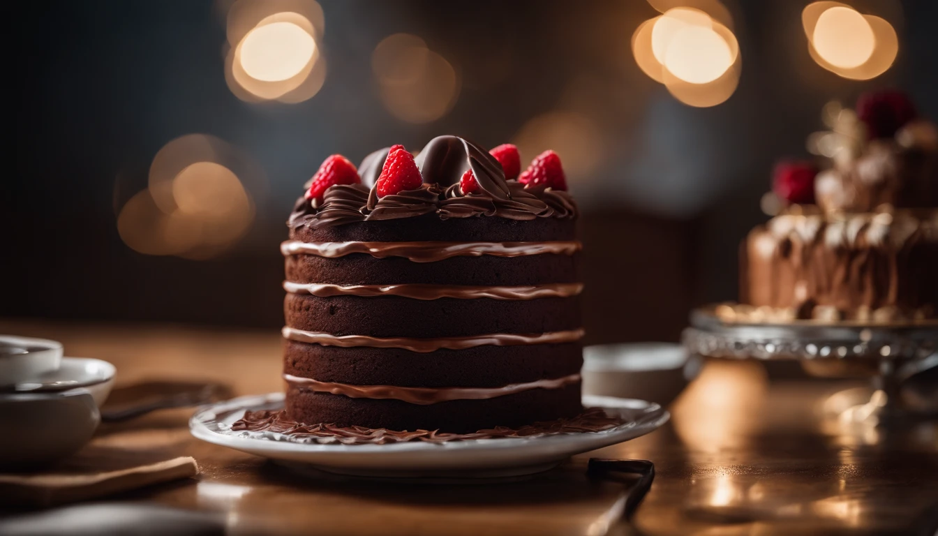 a creative shot of a chocolate cake with a unique design, such as a drip cake, ombre effect, or intricate piping work, showcasing the artistry and craftsmanship involved