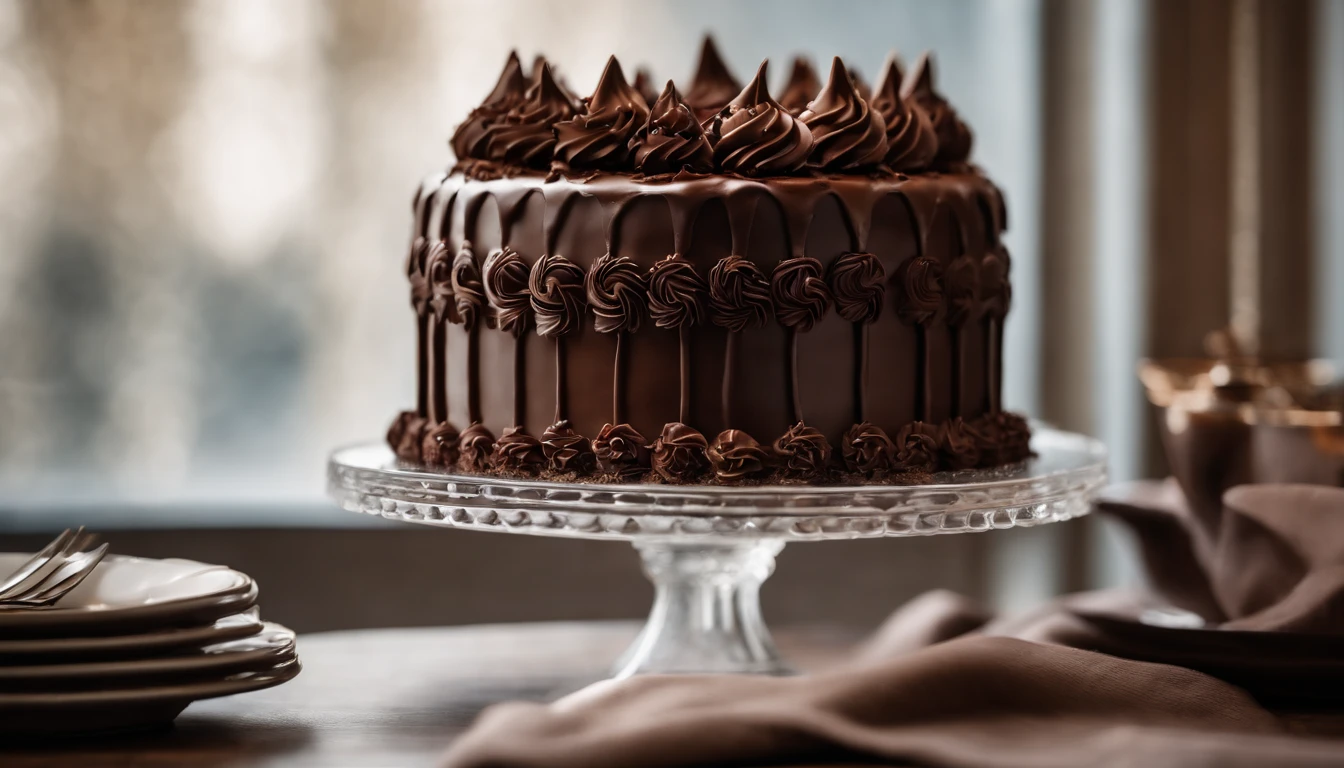 a creative shot of a chocolate cake with a unique design, such as a drip cake, ombre effect, or intricate piping work, showcasing the artistry and craftsmanship involved