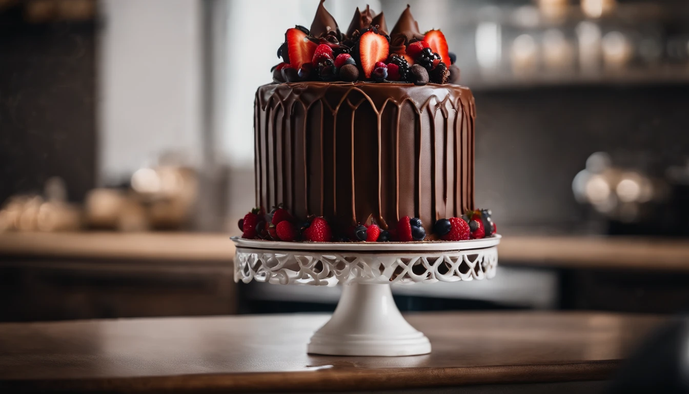 a creative shot of a chocolate cake with a unique design, such as a drip cake, ombre effect, or intricate piping work, showcasing the artistry and craftsmanship involved