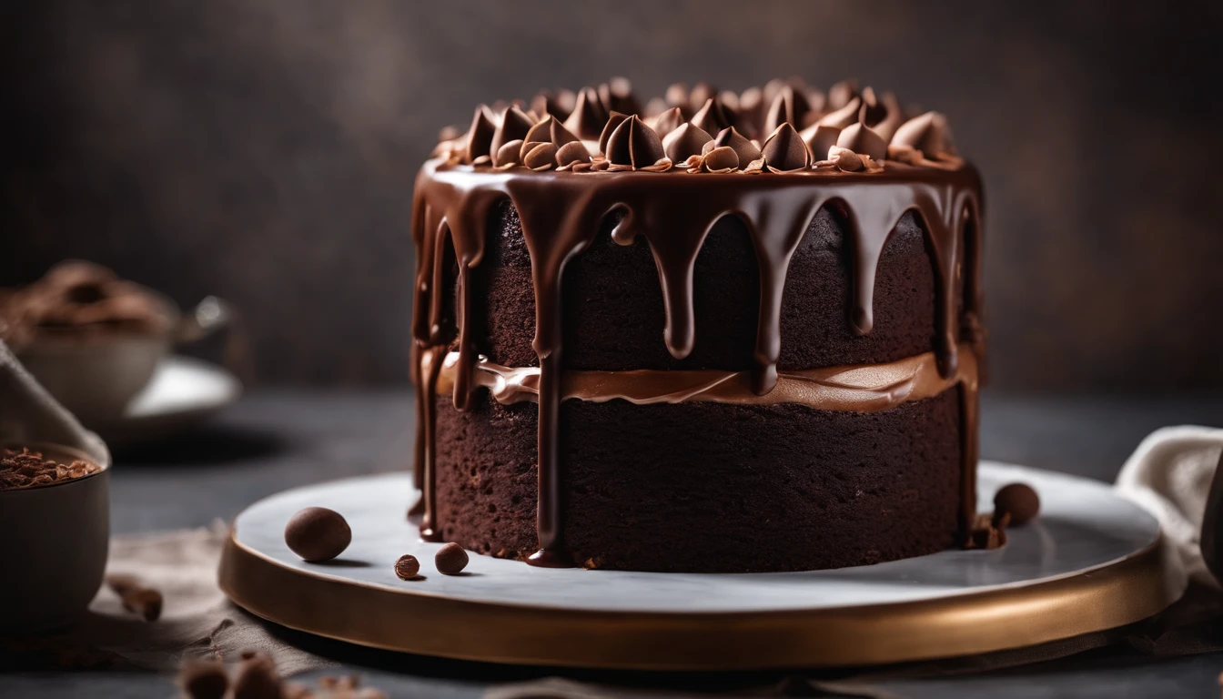 a creative shot of a chocolate cake with a unique design, such as a drip cake, ombre effect, or intricate piping work, showcasing the artistry and craftsmanship involved