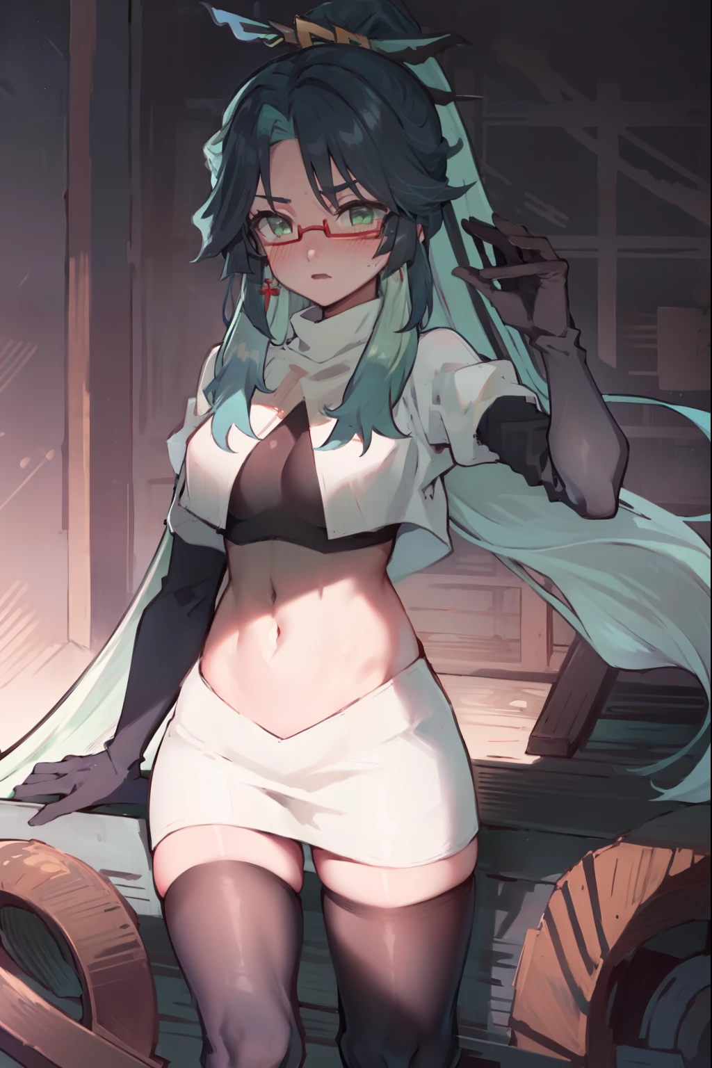 2d, masterpiece, best quality, anime, highly detailed face, perfect lighting, long hair, ponytail, multicolored hair, black hair, bangs, glasses, semi-rimless eyewear, earrings, green hair, hair ornament, jewelry, red-framed eyewear, green eyes, team rocket,team rocket uniform,white skirt,red letter R,crop top,black thigh-high boots,black elbow gloves, embarrassed, blush