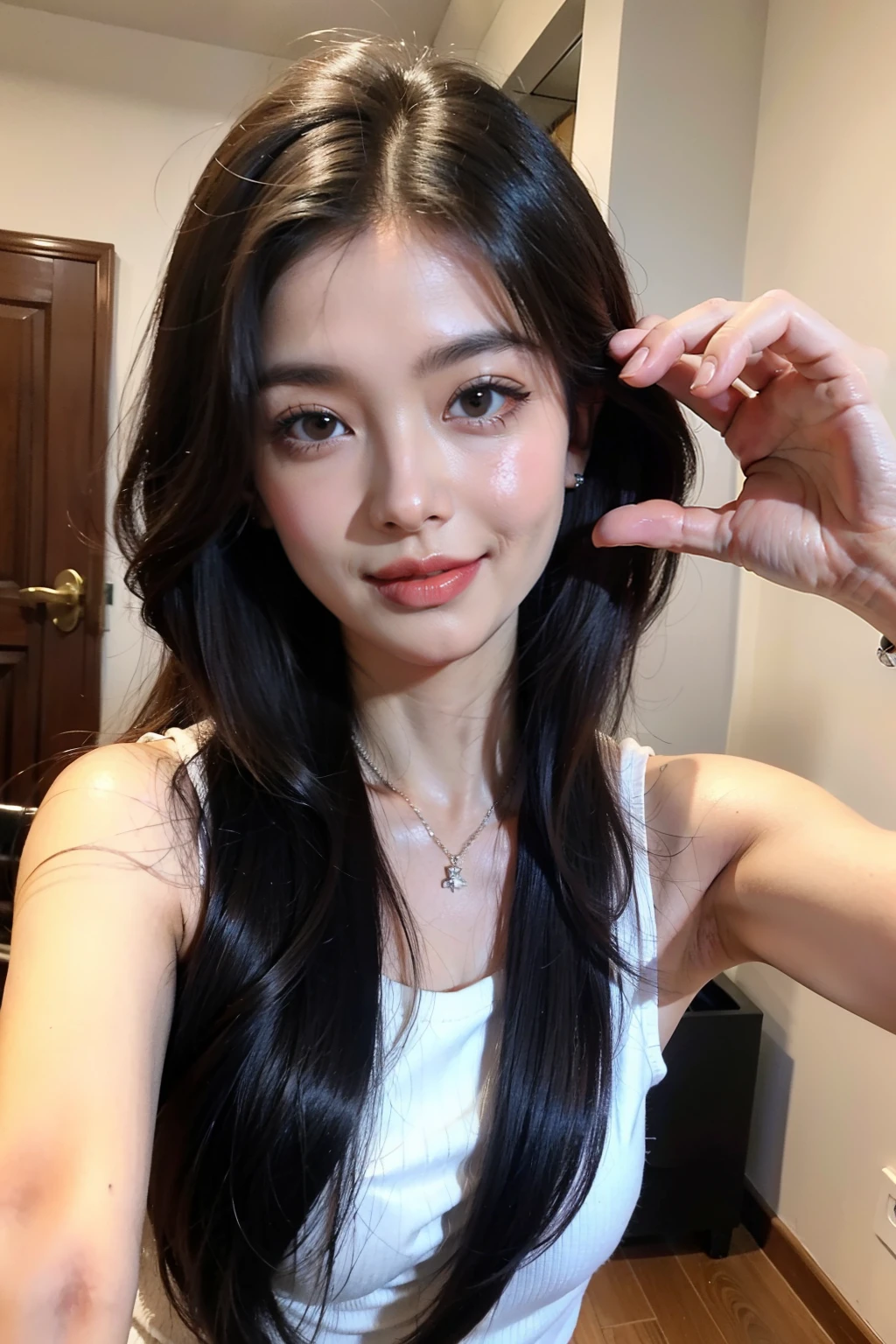 Jennie de franja cabelo grande preto, smiling at camera, ela tem cabelo preto e longo, beautiful young and androgynous, jennie do blackpink, lovely korean face, garota linda fofa, sorriso bonito