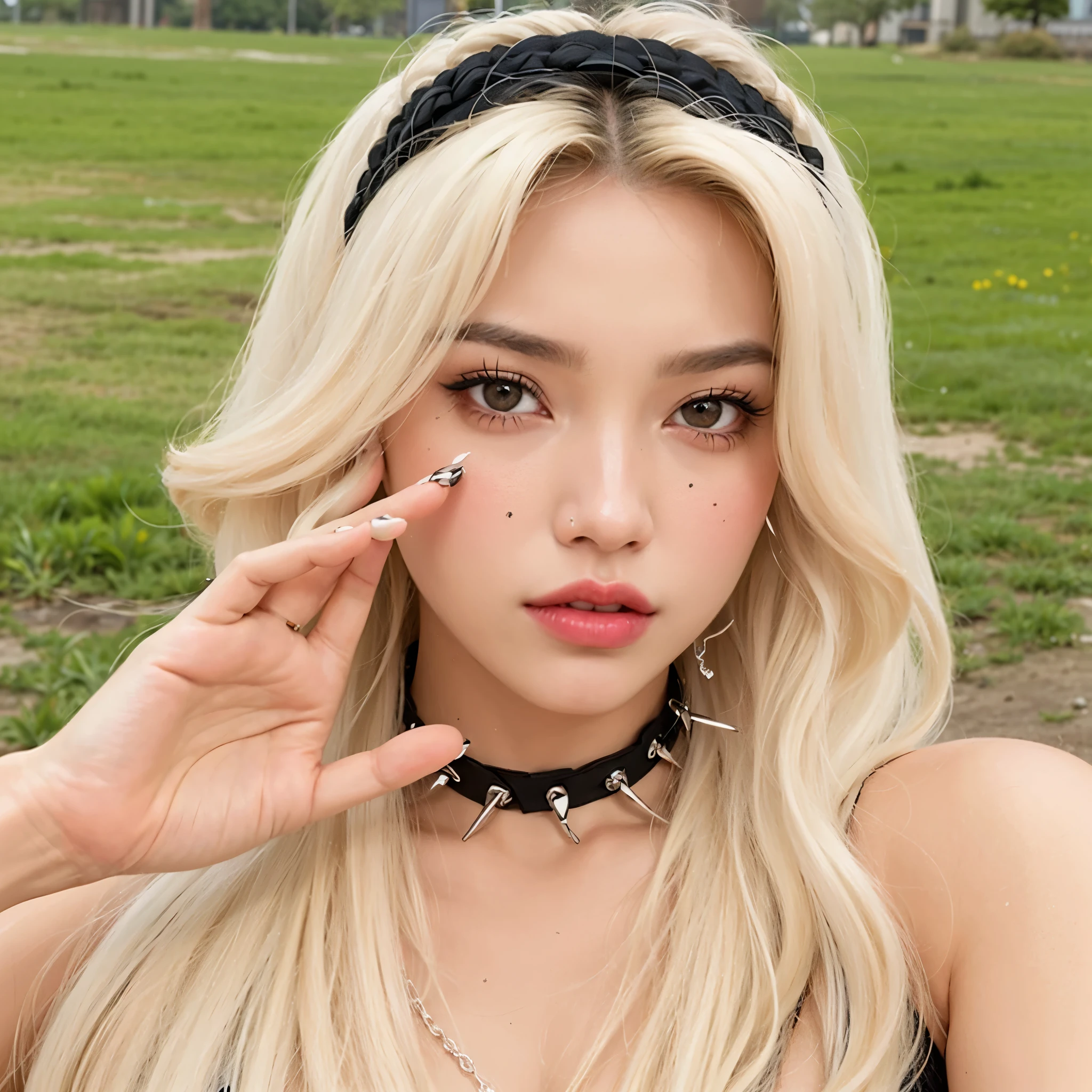 a close up of a woman with a black headband and a choke, ava max, perfect white haired girl, roseanne park of blackpink, portrait of kim petras, with white long hair, belle delphine, with long white hair, cl, extremely pale blond hair, girl with white hair, tifa lockhart with white hair, popular south korean makeup