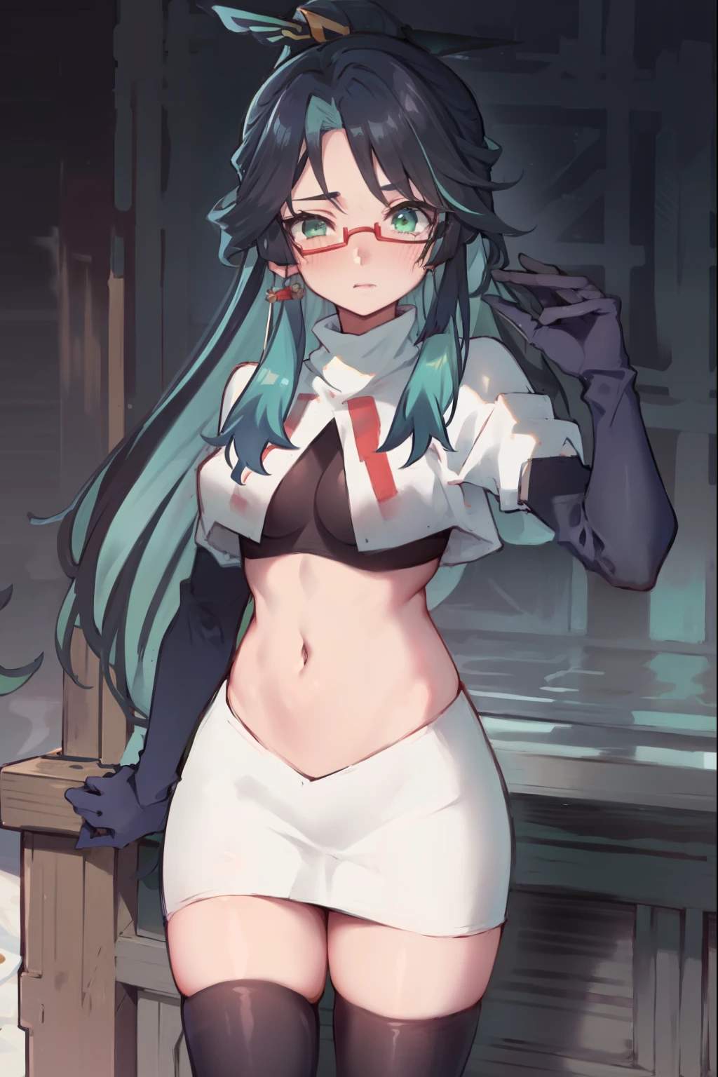 2d, masterpiece, best quality, anime, highly detailed face, perfect lighting, long hair, ponytail, multicolored hair, black hair, bangs, glasses, semi-rimless eyewear, earrings, green hair, hair ornament, jewelry, red-framed eyewear, green eyes, team rocket,team rocket uniform,white skirt,red letter R,crop top,black thigh-high boots,black elbow gloves, embarrassed, blush