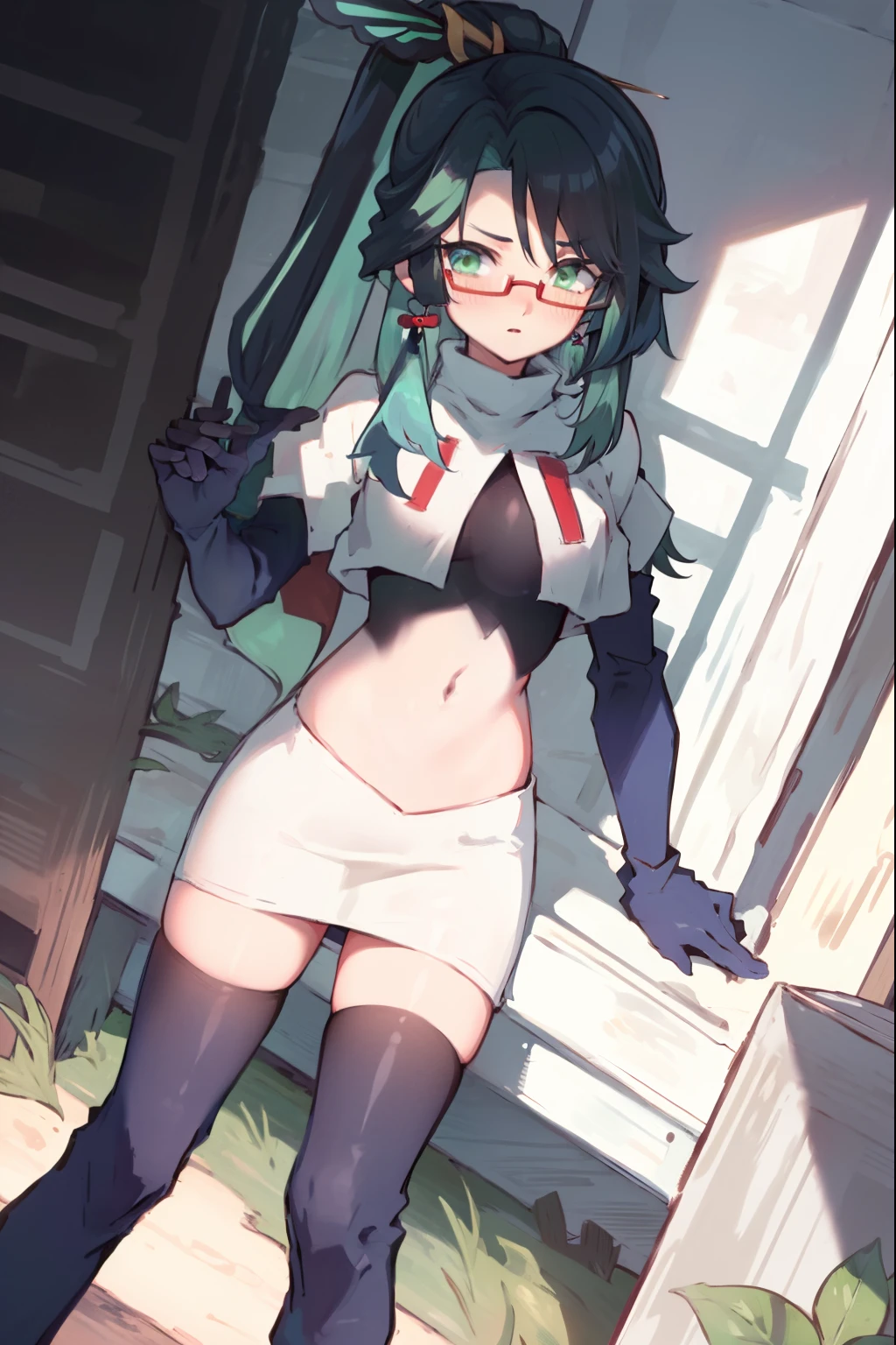 2d, masterpiece, best quality, anime, highly detailed face, perfect lighting, long hair, ponytail, multicolored hair, black hair, bangs, glasses, semi-rimless eyewear, earrings, green hair, hair ornament, jewelry, red-framed eyewear, green eyes, team rocket,team rocket uniform,white skirt,red letter R,crop top,black thigh-high boots,black elbow gloves, embarrassed, blush