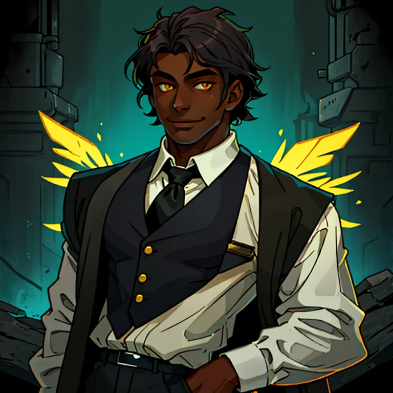 Dark skinned man with straight dark brown hair with grey streaks, mid 30&#39;s. Wears a white button up shirt with a black tie and vest. Sweet smile. Anime art style. bright yellow eyes that glow. Pussy.