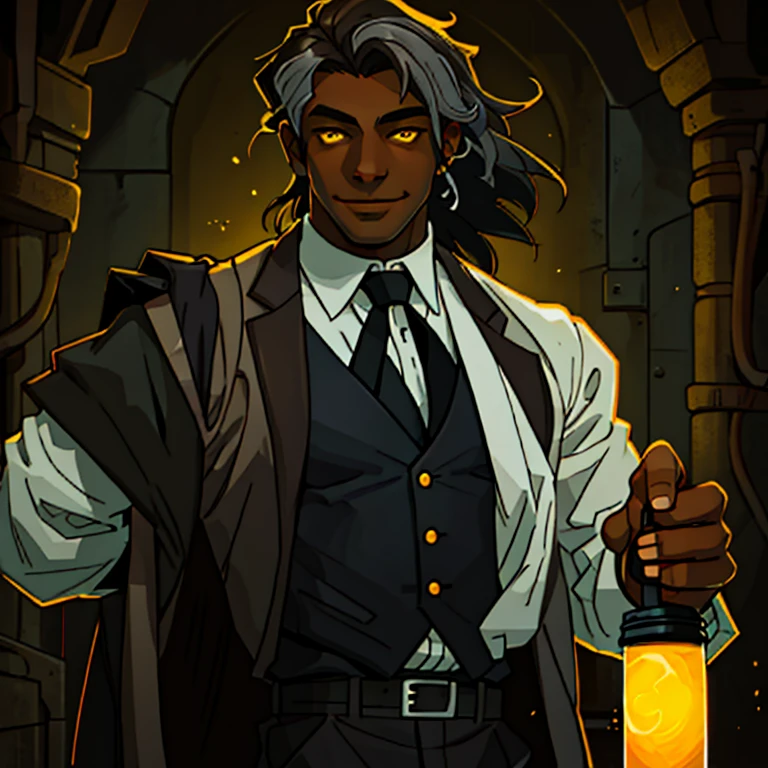 Dark skinned man with straight dark brown hair with grey streaks, mid 30's. Wears a white button up shirt with a black tie and vest. Sweet smile. Anime art style. bright yellow eyes that glow. Pussy.