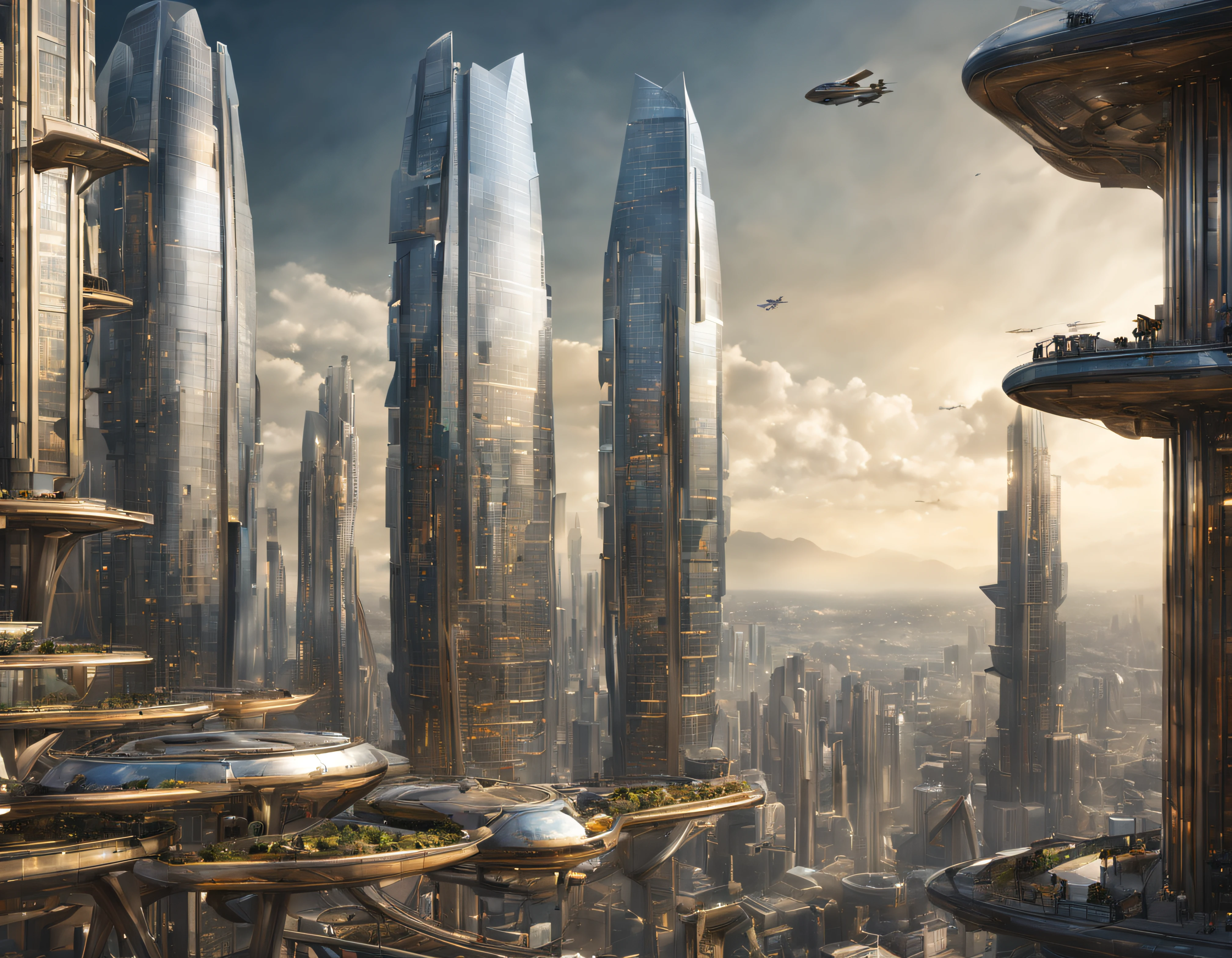 the city of megacity futuristic science fiction city as it would be in the year 3029, vista desde una terraza , with high-tech design , edificios de metal y cristal, autopistas cruzandolos, de una inmensidad impresionante, con el empleo de oro , plata y bronce en su construccion, realmente impresionante a la vista, imagen bien definida, fondo nitido bien defifido, con muchos edificios juntos. imagen nitida bien definida 8k. los edificios llegan alta el fondo.,8k. imagen cinematografica, renderizado 3d, ((obra maestra de superior calidad)).