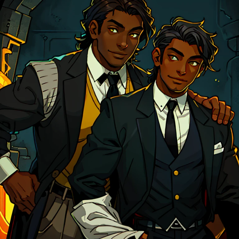 Dark skinned man with straight dark brown hair with grey streaks, mid 30's. Wears a white button up shirt with a black tie and vest. Sweet smile. Anime art style. bright yellow eyes that glow. Having sex with a young man man