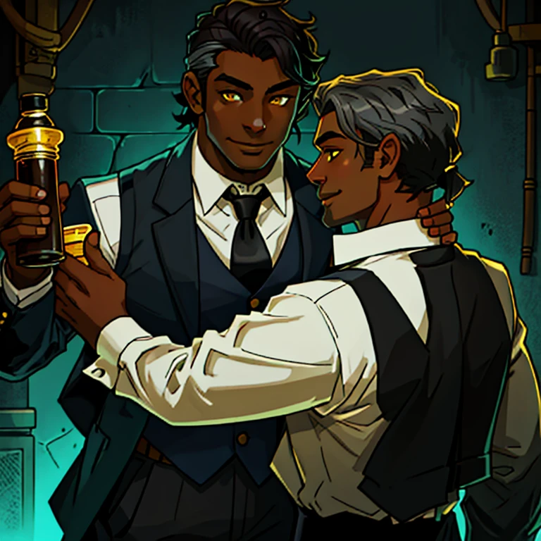Dark skinned man with straight dark brown hair with grey streaks, mid 30's. Wears a white button up shirt with a black tie and vest. Sweet smile. Anime art style. bright yellow eyes that glow. Having sex with a young man man