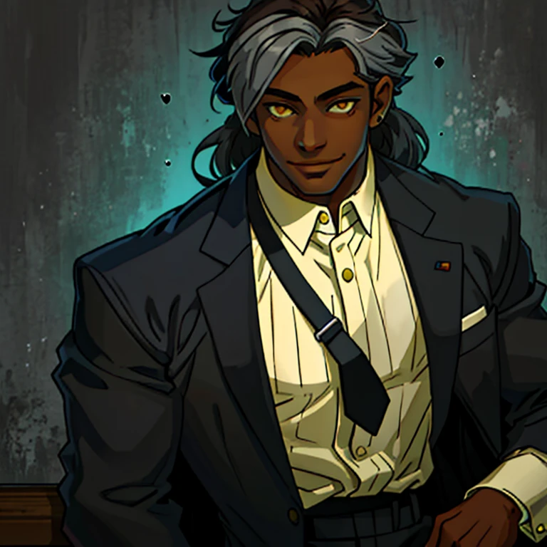 Dark skinned man with straight dark brown hair with grey streaks, mid 30&#39;s. Wears a white button up shirt with a black tie and vest. Sweet smile. Anime art style. bright yellow eyes that glow. Having sex with a young man man