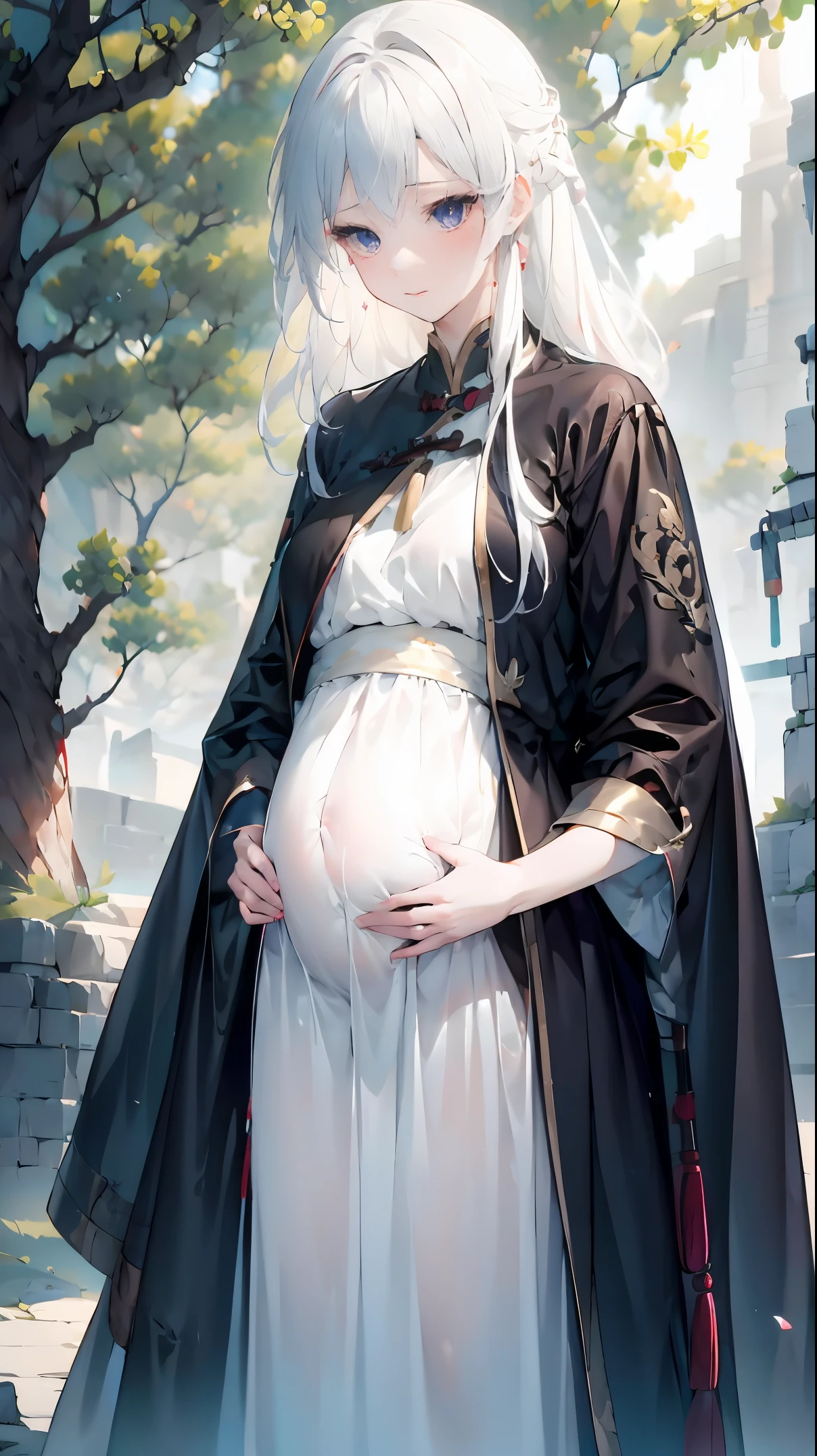 Golden hairpin, white ash hair, black shirt, white skirt, (black cloak:1.2), pale face, sweating, heavy breath, blushing, pregnancy  dresest quality:1.2), ultra-detailed,realistic ,portraits, vivid colors, soft lighting, interesting PoV, stocking, straight hair, pregnant, Pregnant  belly, anime girl, solo girl, light blue eyes, Chinese sword, swing sword, pregnant clothes,