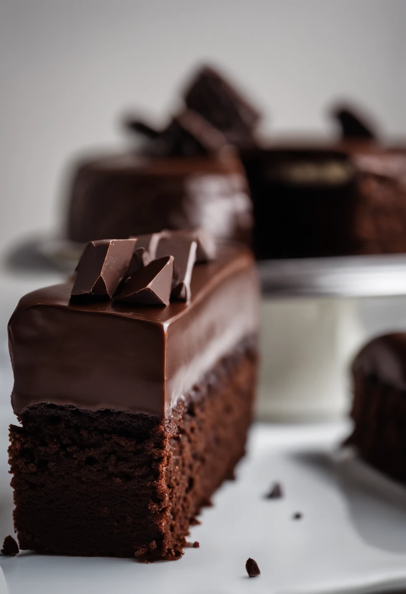 a minimalistic shot of a single slice of chocolate cake against a clean, white backdrop, allowing the rich color and texture of the cake to be the focal point