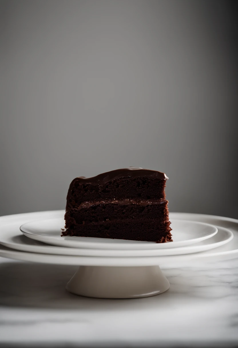 a minimalistic shot of a single slice of chocolate cake against a clean, white backdrop, allowing the rich color and texture of the cake to be the focal point