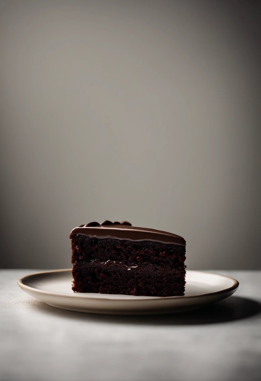 a minimalistic shot of a single slice of chocolate cake against a clean, white backdrop, allowing the rich color and texture of the cake to be the focal point