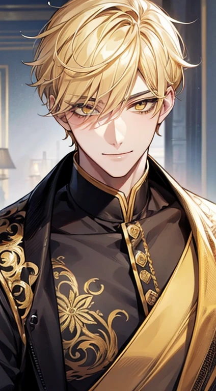 man 1、yellow short hair, long yellow eyelashes、Handsome man with yellow eyebrows and yellow expressive eyes, Smiling, Yellow eyes、细致背景、Royal formal attire