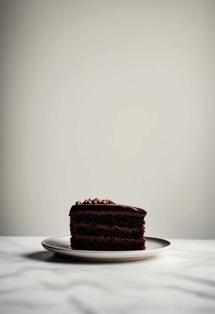 a minimalistic shot of a single slice of chocolate cake against a clean, white backdrop, allowing the rich color and texture of the cake to be the focal point