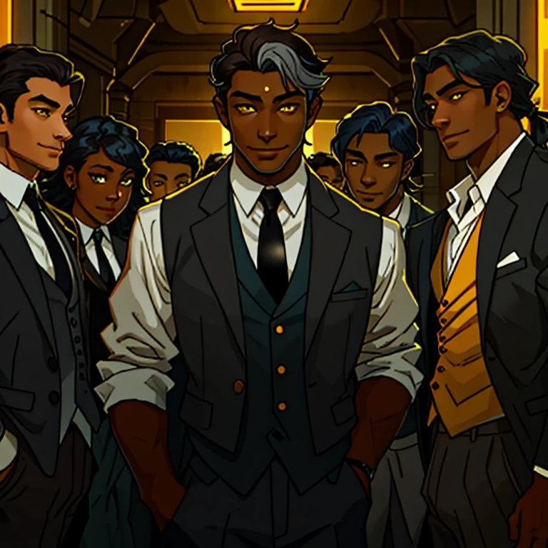 Dark skinned man with straight dark brown hair with grey streaks, mid 30&#39;s. Wears a white button up shirt with a black tie and vest. Sweet smile. Anime art style. bright yellow eyes that glow. In an orgy of men