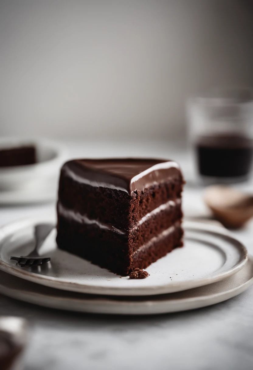 a minimalistic shot of a single slice of chocolate cake against a clean, white backdrop, allowing the rich color and texture of the cake to be the focal point