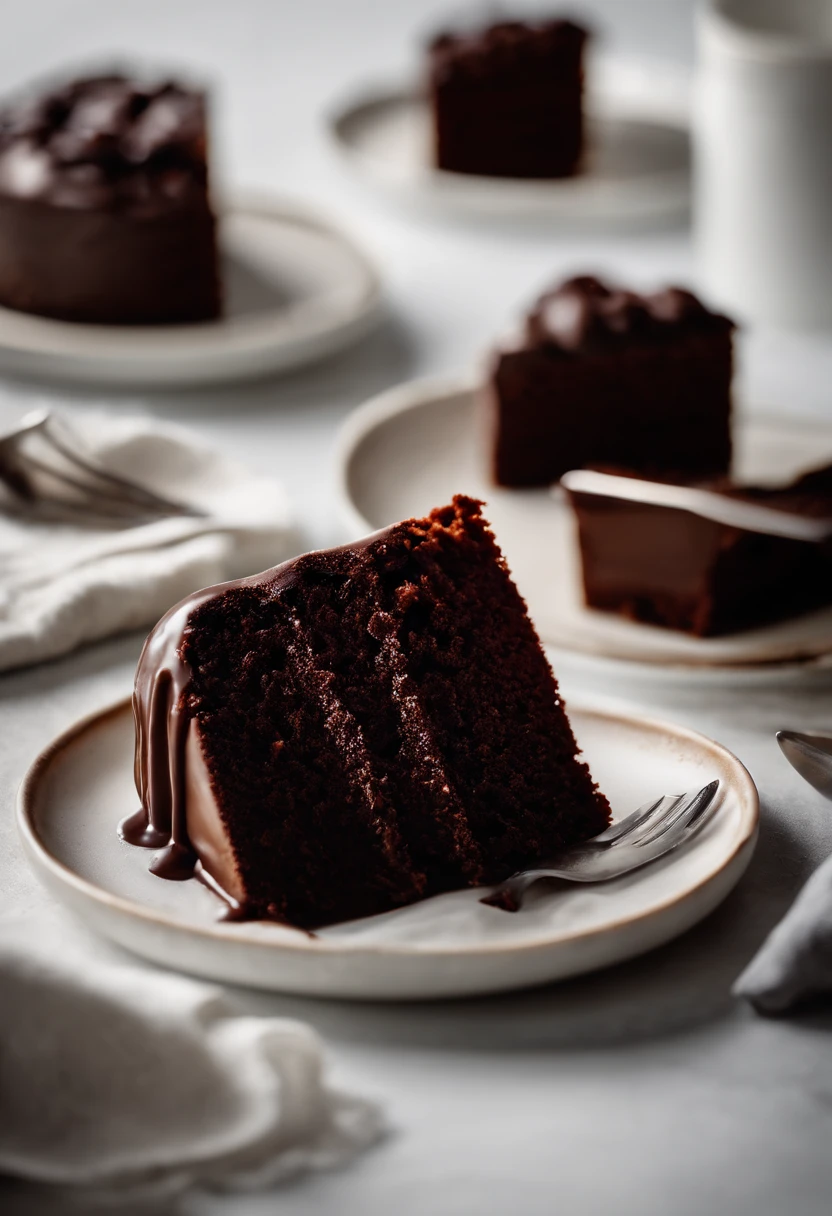 a minimalistic shot of a single slice of chocolate cake against a clean, white backdrop, allowing the rich color and texture of the cake to be the focal point