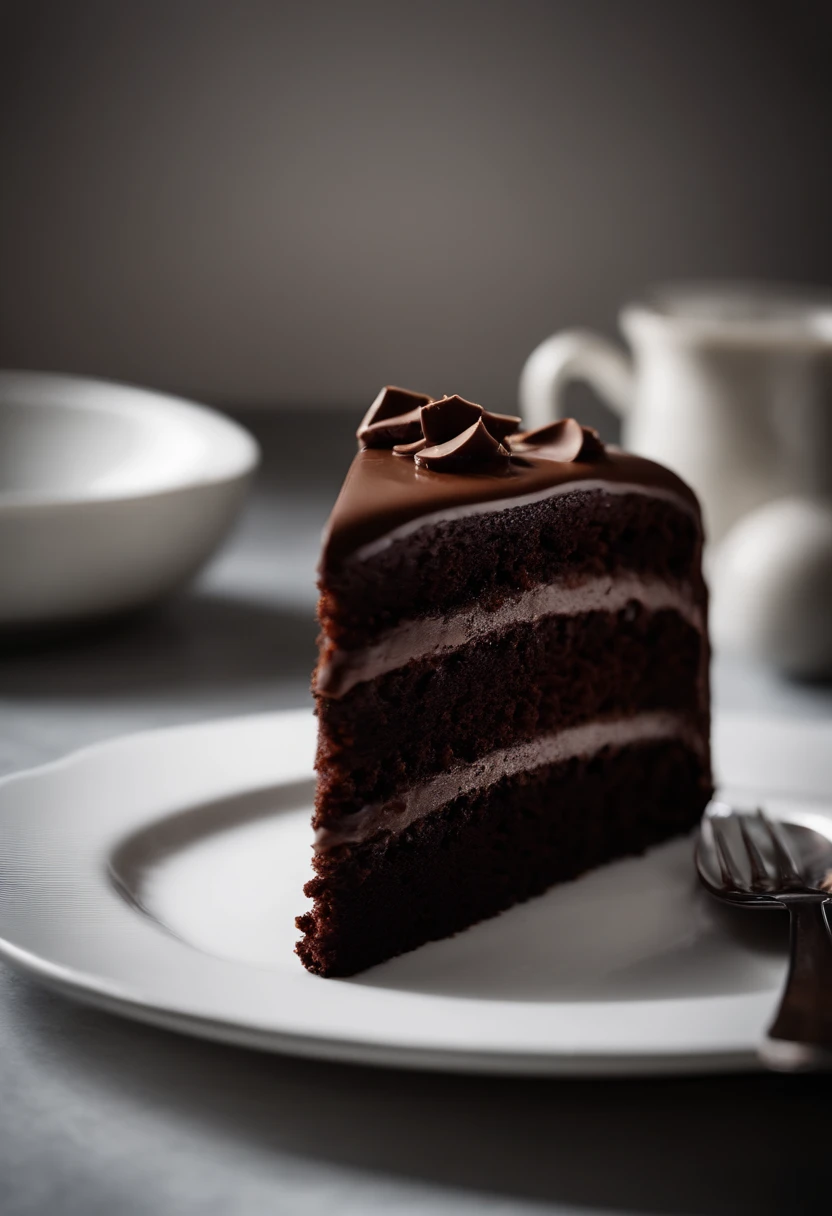 a minimalistic shot of a single slice of chocolate cake against a clean, white backdrop, allowing the rich color and texture of the cake to be the focal point