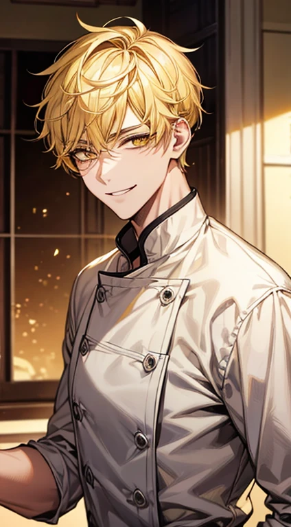 man 1、yellow short hair, long yellow eyelashes、Handsome man with yellow eyebrows and yellow expressive eyes, Smiling, Yellow eyes、细致背景、chef