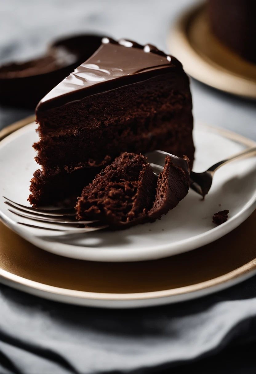 a minimalistic shot of a single slice of chocolate cake against a clean, white backdrop, allowing the rich color and texture of the cake to be the focal point