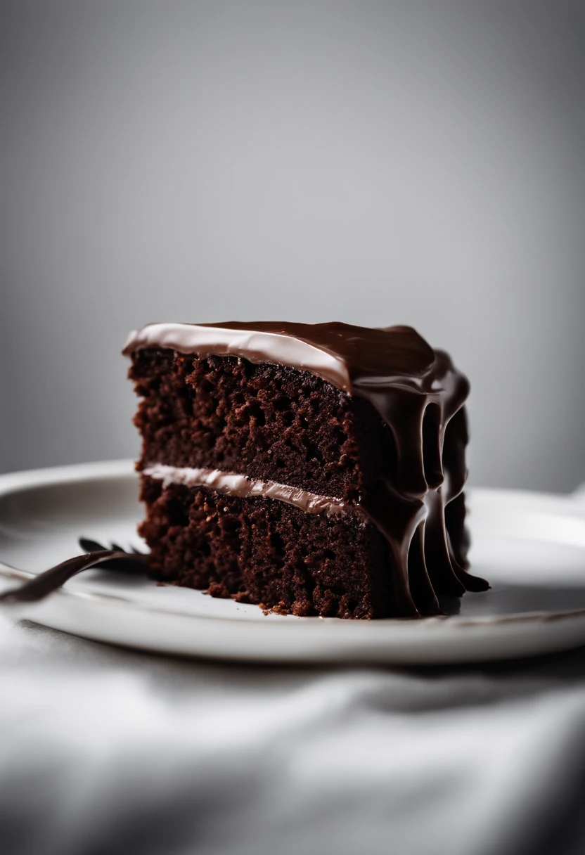 a minimalistic shot of a single slice of chocolate cake against a clean, white backdrop, allowing the rich color and texture of the cake to be the focal point
