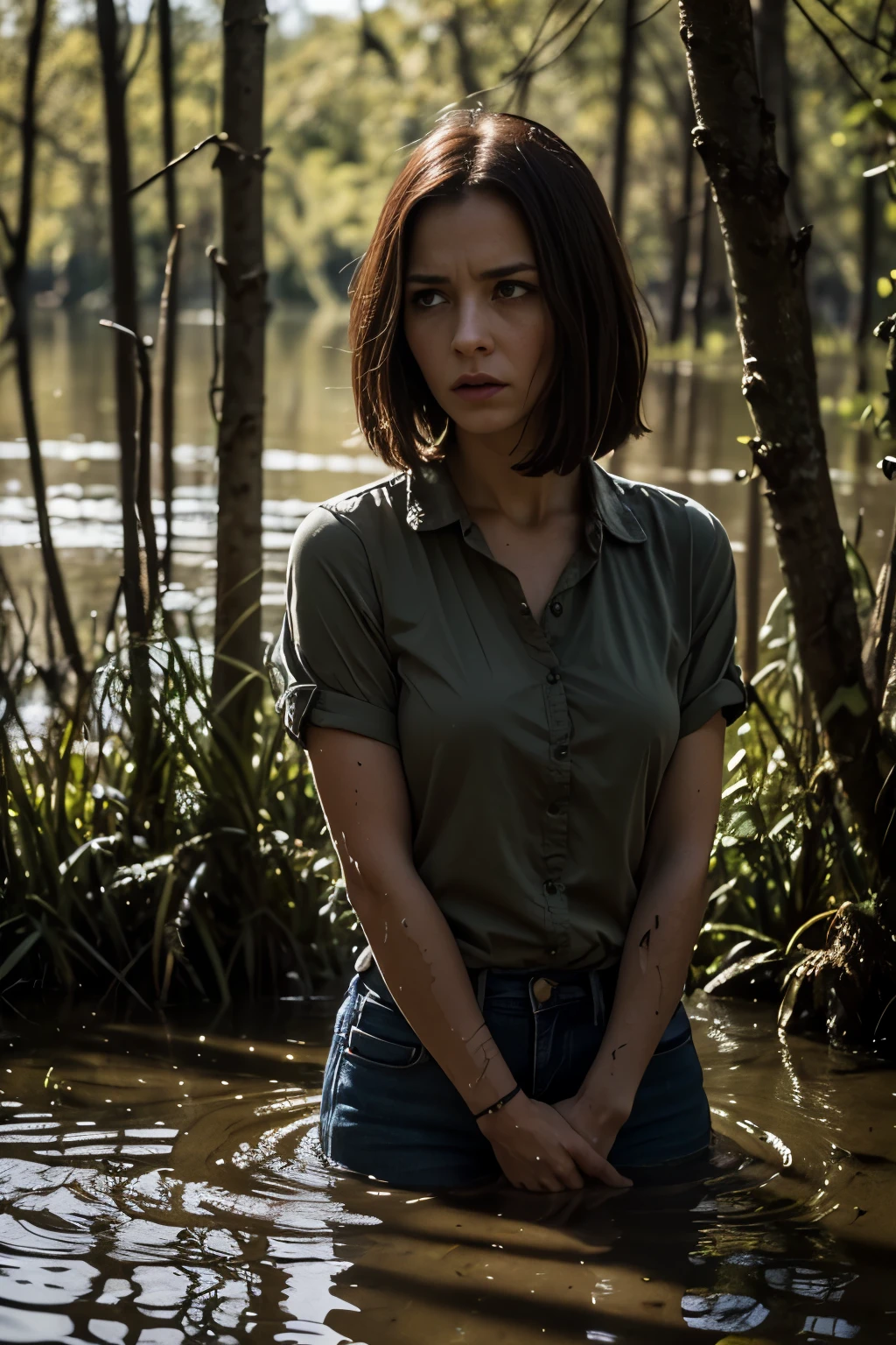 "(Best Quality,hight resolution:1.2),The woman,Expressive wrinkles,Bob haircut,Jeans,blouse,thicket,woods,(drowning in a swamp:1.3),dread,Detailed eyes and face,elongated,expression of despair,Dark and moody lighting,Wrestling Hands,ominous vibe,Death Trap,tragic, death,(masochism),Sexual tension,Psychological thriller"