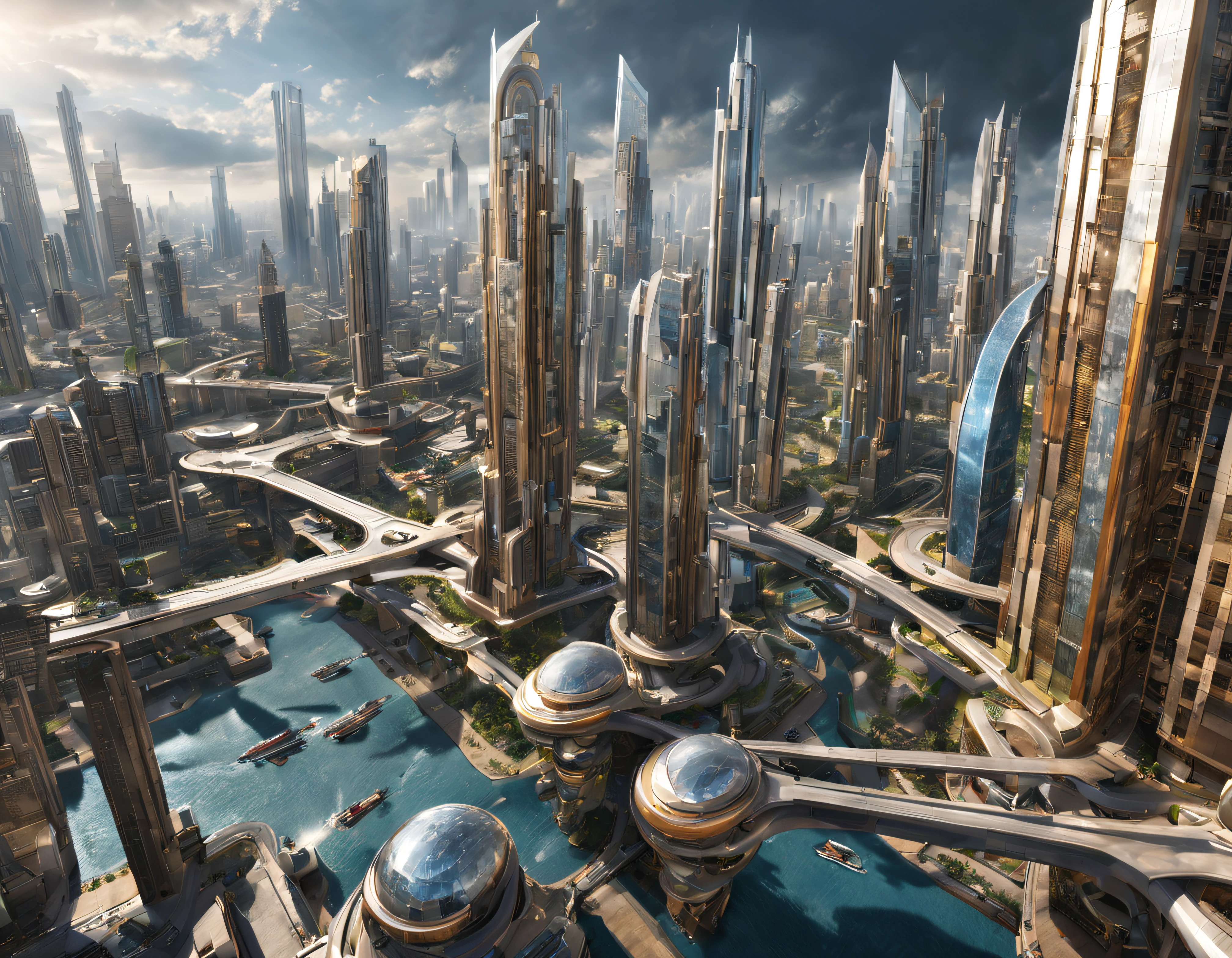 the city of megacity futuristic science fiction city as it would be in the year 3029, vista desde una terraza , with high-tech design , edificios de metal y cristal, autopistas cruzandolos, de una inmensidad impresionante, con el empleo de oro , plata y bronce en su construccion, realmente impresionante a la vista, imagen bien definida, fondo nitido bien defifido, con muchos edificios juntos. imagen nitida bien definida 8k. los edificios llegan alta el fondo.,8k. imagen cinematografica, renderizado 3d, ((obra maestra de superior calidad)).