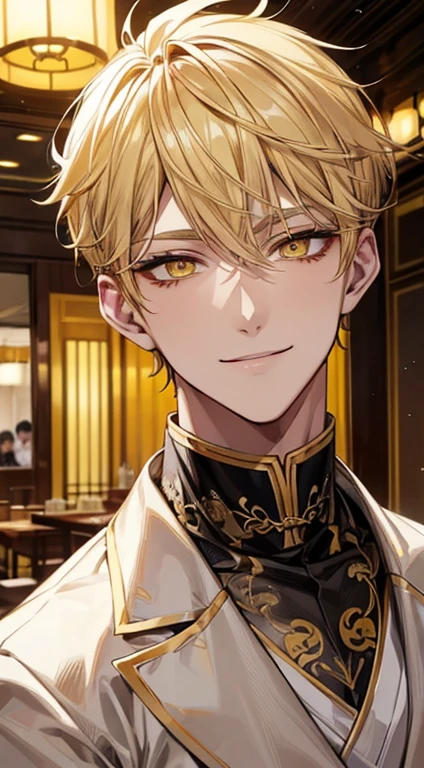 man 1、yellow short hair, long yellow eyelashes、Handsome man with yellow eyebrows and yellow expressive eyes, Smiling, Yellow eyes、细致背景、patissier