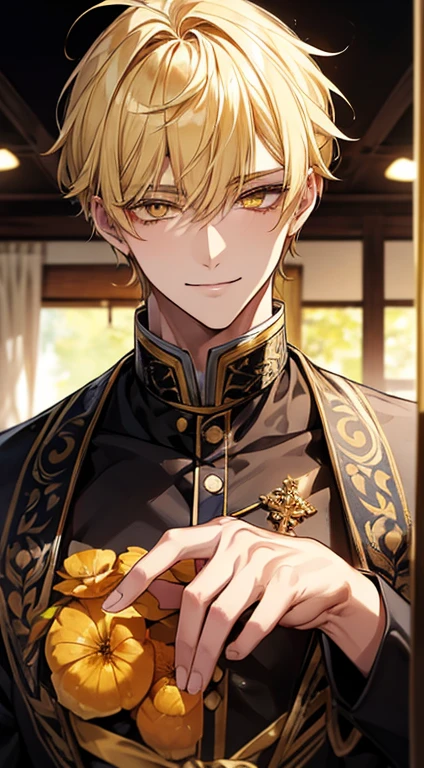 man 1、yellow short hair, long yellow eyelashes、Handsome man with yellow eyebrows and yellow expressive eyes, Smiling, Yellow eyes、细致背景、patissier