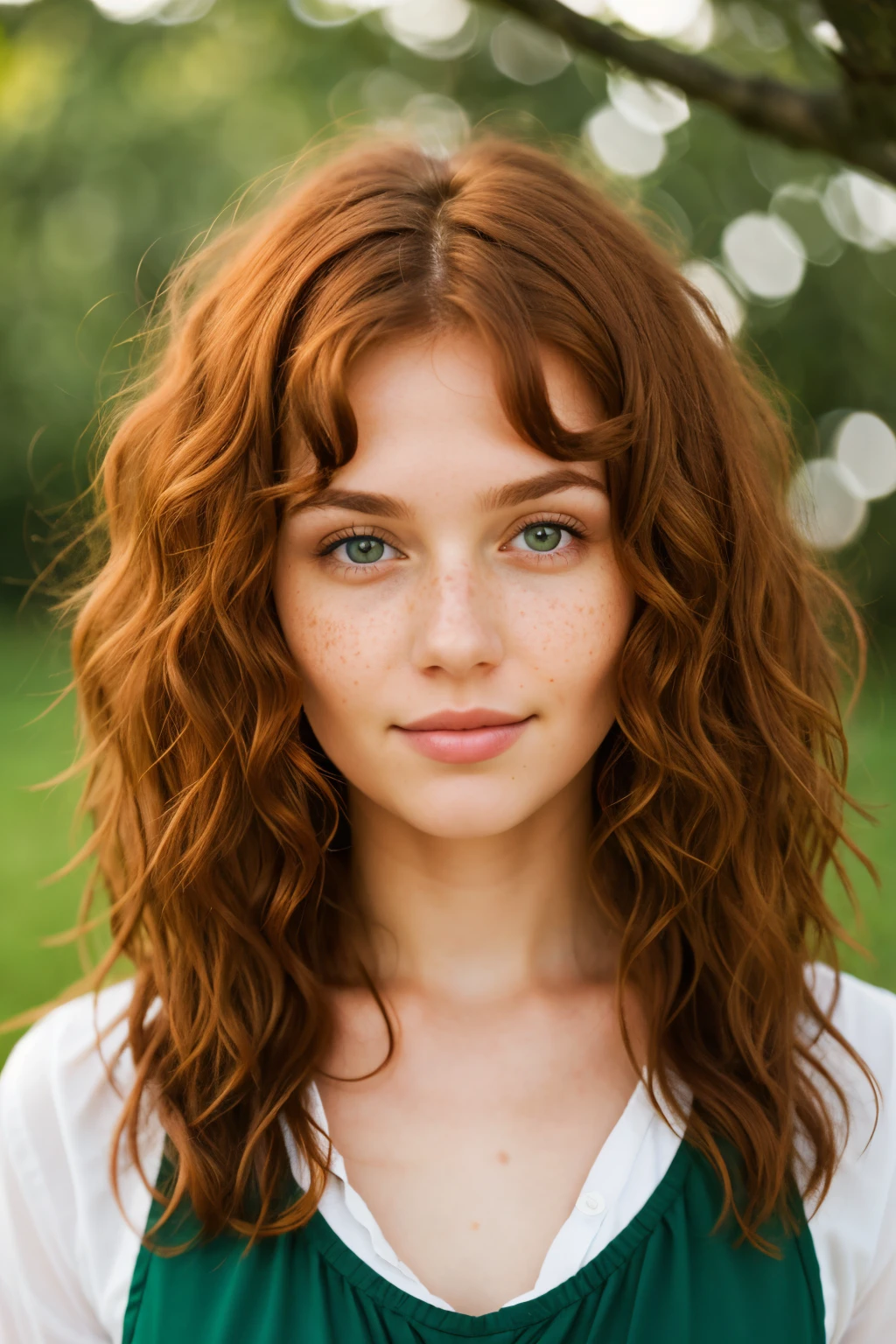 a beautiful adult, Russian, with reddish brown curly hair, green eyes and freckles