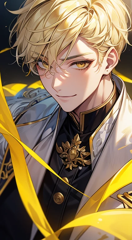 man 1、yellow short hair, long yellow eyelashes、Handsome man with yellow eyebrows and yellow expressive eyes, Smiling, Yellow eyes、细致背景、Manteau blanc