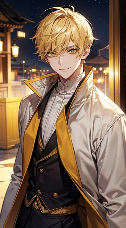 man 1、yellow short hair, long yellow eyelashes、Handsome man with yellow eyebrows and yellow expressive eyes, Smiling, Yellow eyes、细致背景、Manteau blanc