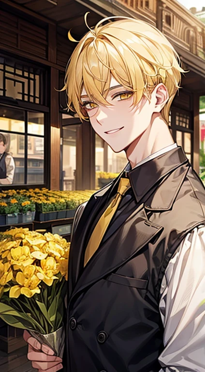 man 1、yellow short hair, long yellow eyelashes、Handsome man with yellow eyebrows and yellow expressive eyes, Smiling, Yellow eyes、细致背景、Flower shop