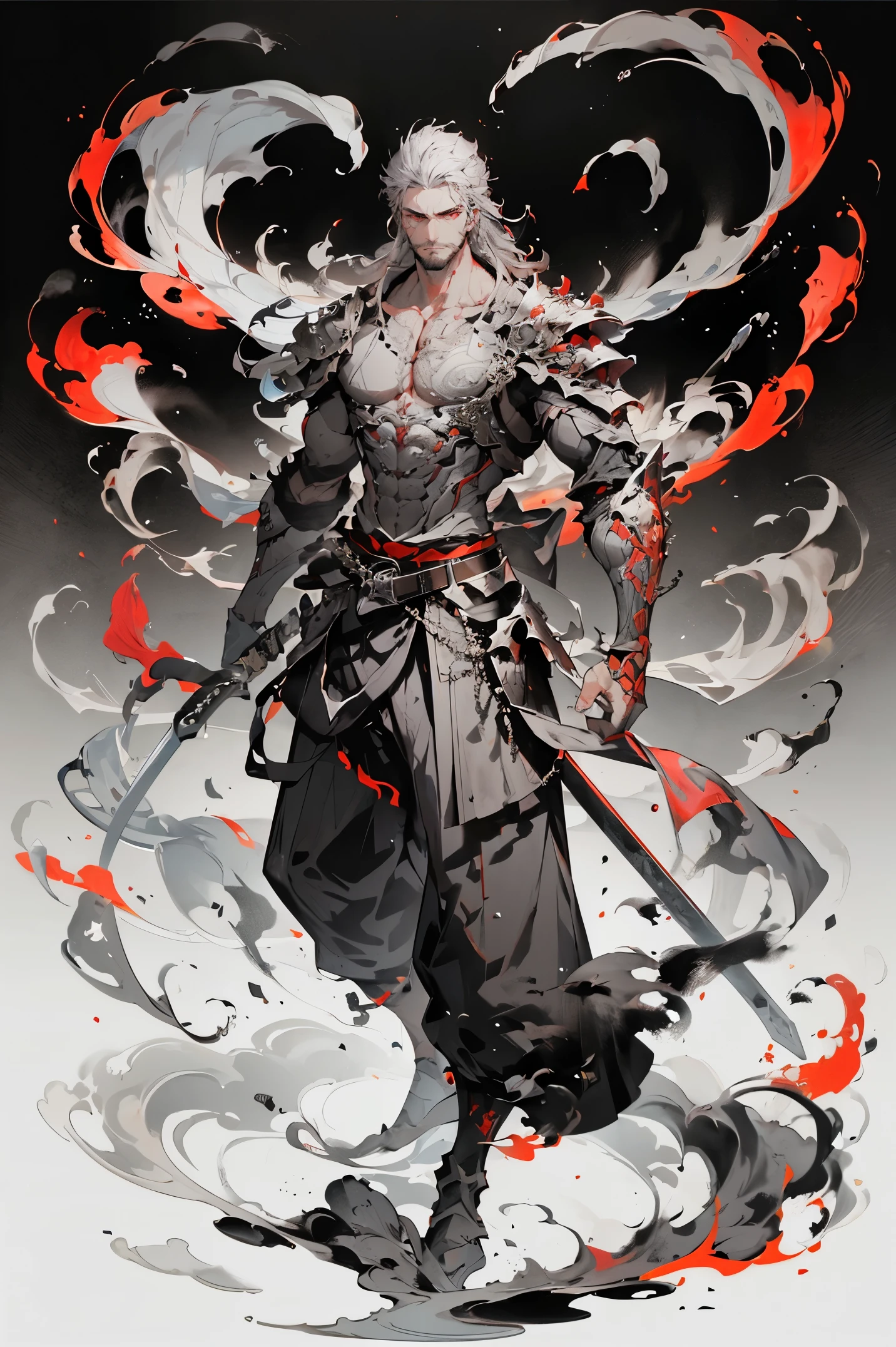 1boy, weapon, male focus, , long hair, , , holding sword, , , standing, armor, grey hair, sheath, pectorals, , belt, scabbard, shoulder armor, full body, smoke, facial hair, jewelry, pants, red eyes, , muscular, ,,
FH