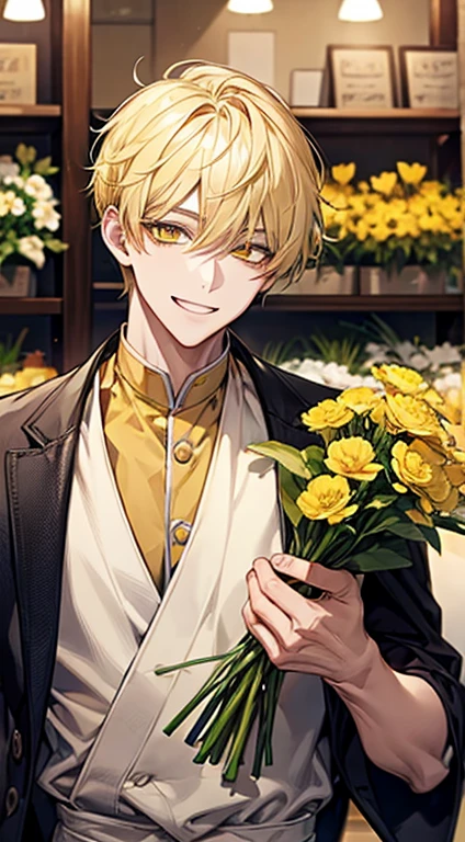 man 1、yellow short hair, long yellow eyelashes、Handsome man with yellow eyebrows and yellow expressive eyes, Smiling, Yellow eyes、细致背景、Flower shop