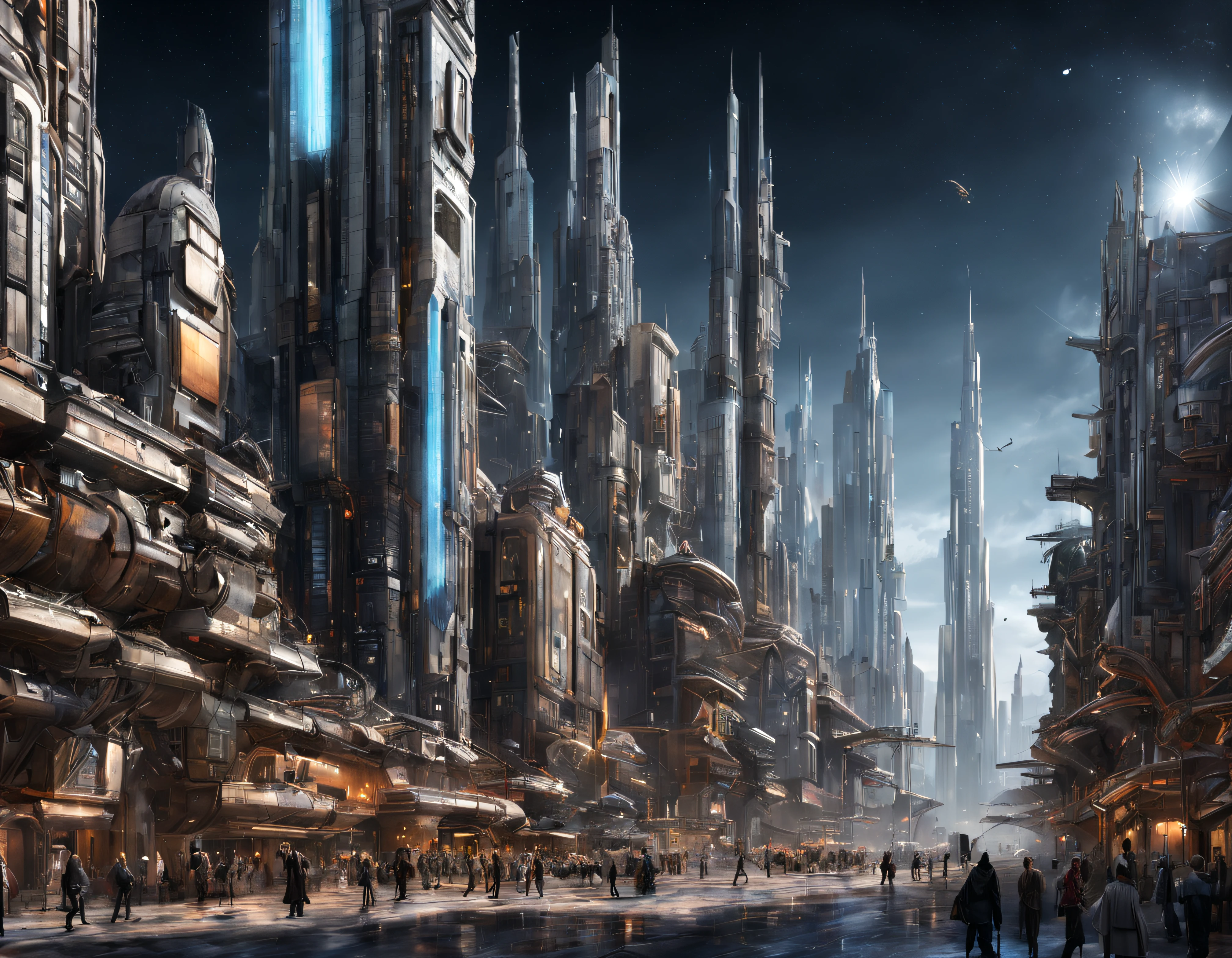 (The city of Coruscant from Star Wars as designed by Doug Chiang), futuristic fantasy city with immense buildings of technological design (que forman una avenida infinita), edificios compactor no difuminados con aspecto metalico, luces en ventanas en edificios, iluminacion diurna con sol, con estructuras acristaladas espectaculares, (con colores vivos). pavimento ensolado (sin brillo). gente paseando. imagen bien definida con muchos edificios juntos. imagen nitida bien definida 8k. los edificios llegan alta el fondo.,8k. imagen cinematografica. ((obra maestra de superior calidad)). (renderizado 3D).