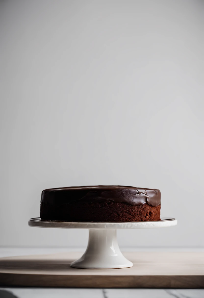 a minimalistic shot of a single slice of chocolate cake against a clean, white backdrop, allowing the rich color and texture of the cake to be the focal point