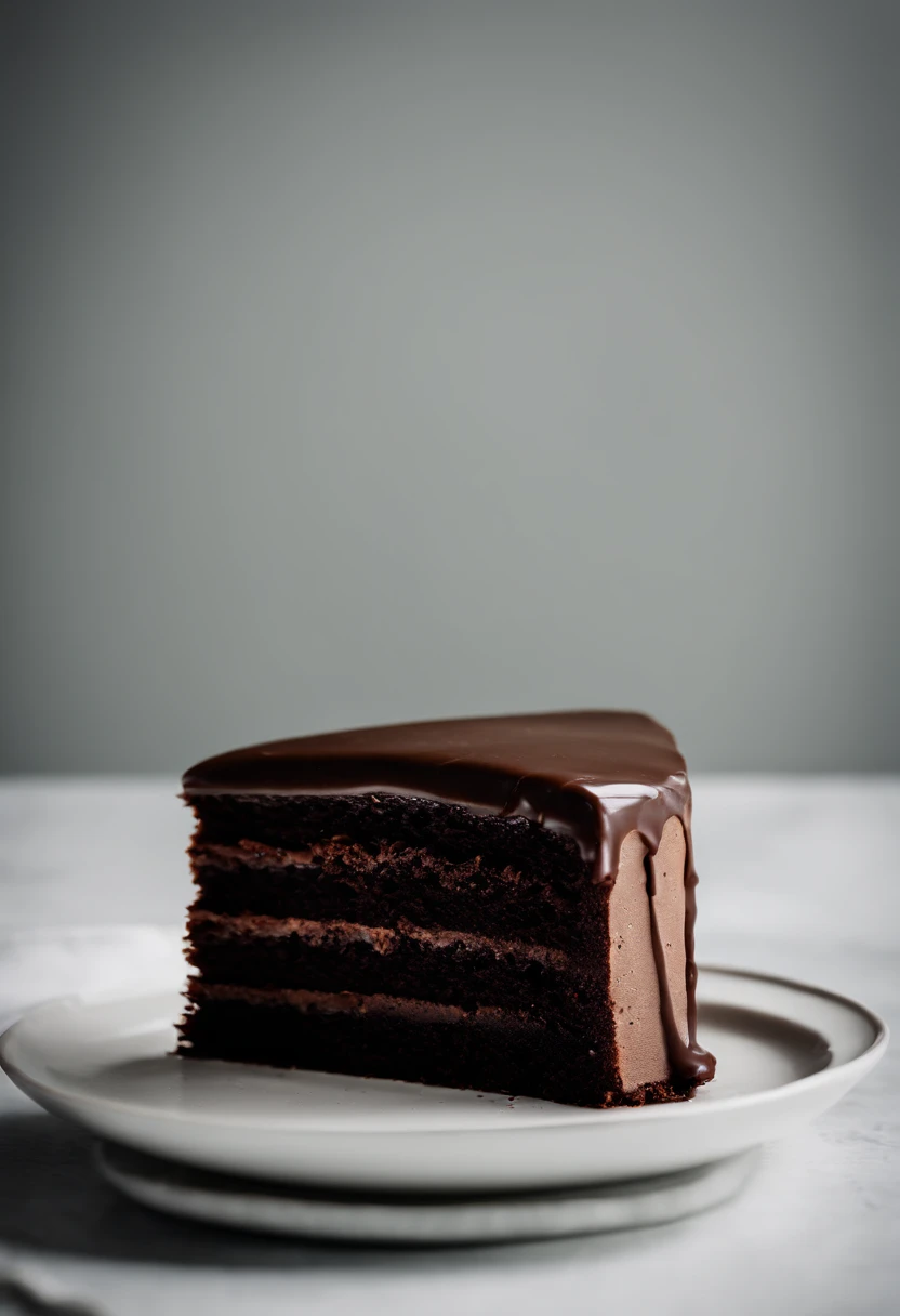 a minimalistic shot of a single slice of chocolate cake against a clean, white backdrop, allowing the rich color and texture of the cake to be the focal point
