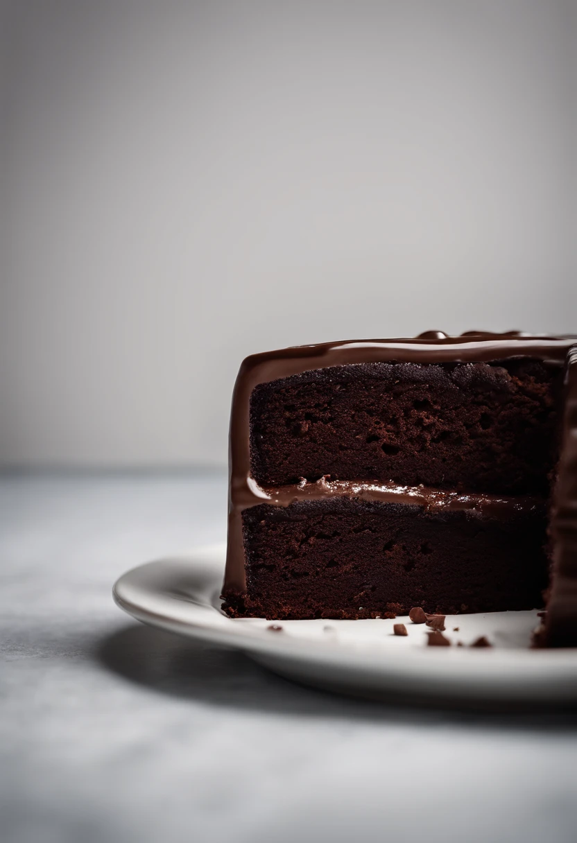 a minimalistic shot of a single slice of chocolate cake against a clean, white backdrop, allowing the rich color and texture of the cake to be the focal point