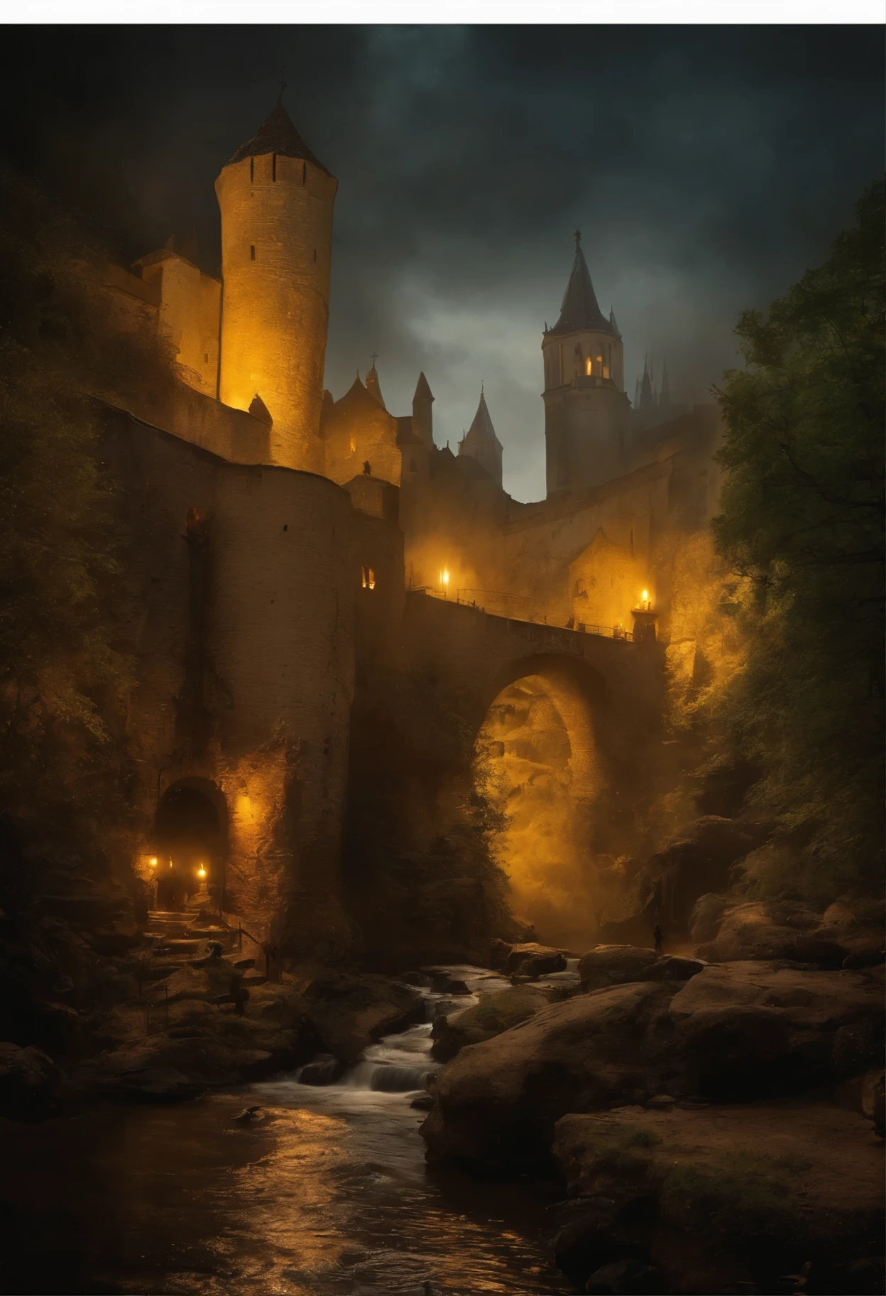 Middle Ages Style Village Worn Stone Streets With People Bars On The Edge Of A Ravine With Transparent Water Waterfall And Castle And Birds And Dragons Spitting Mysterious Catholic Fire In Yellow Moonlight And Soft Fog
