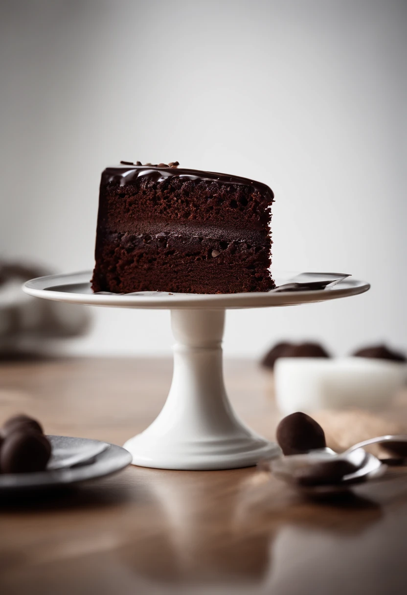 a minimalistic shot of a single slice of chocolate cake against a clean, white backdrop, allowing the rich color and texture of the cake to be the focal point