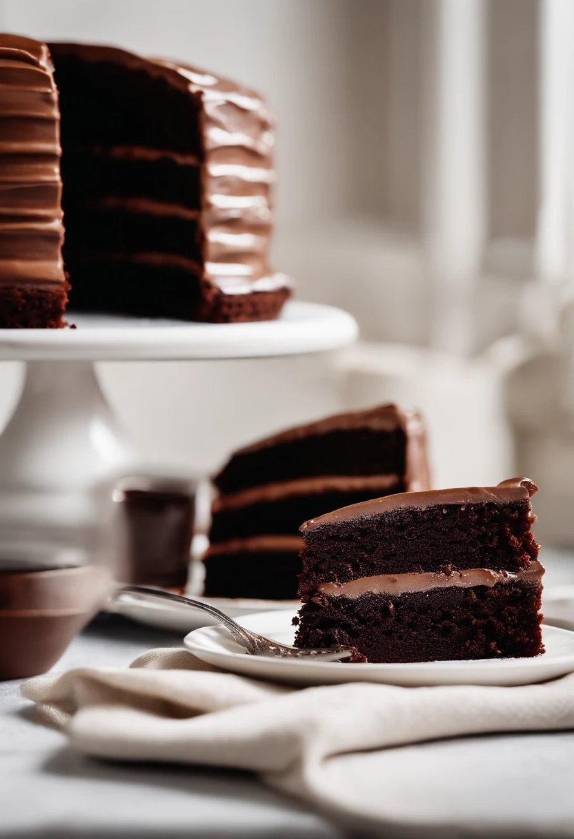 a minimalistic shot of a single slice of chocolate cake against a clean, white backdrop, allowing the rich color and texture of the cake to be the focal point