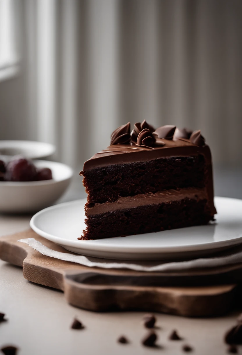 a minimalistic shot of a single slice of chocolate cake against a clean, white backdrop, allowing the rich color and texture of the cake to be the focal point