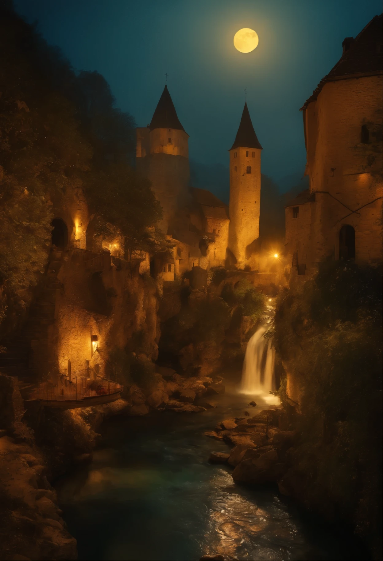 Middle Ages Style Village Worn Stone Streets With People Bars On The Edge Of A Ravine With Transparent Water Waterfall And Castle And Birds And Dragons Spitting Mysterious Catholic Fire In Yellow Moonlight And Soft Fog