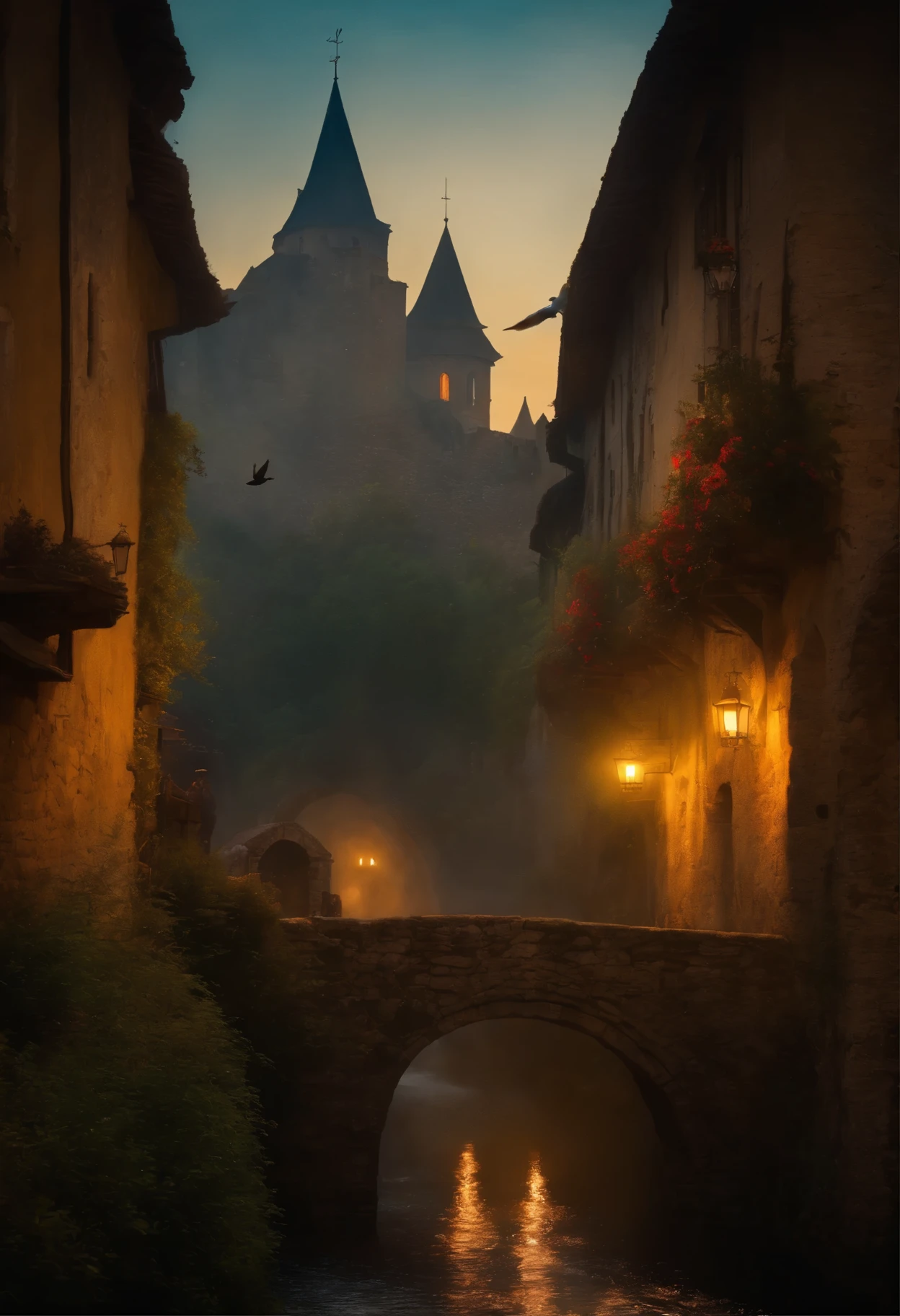 Middle Ages Style Village Worn Stone Streets With People Bars On The Edge Of A Ravine With Transparent Water Waterfall And Castle And Birds And Dragons Spitting Mysterious Catholic Fire In Yellow Moonlight And Soft Fog