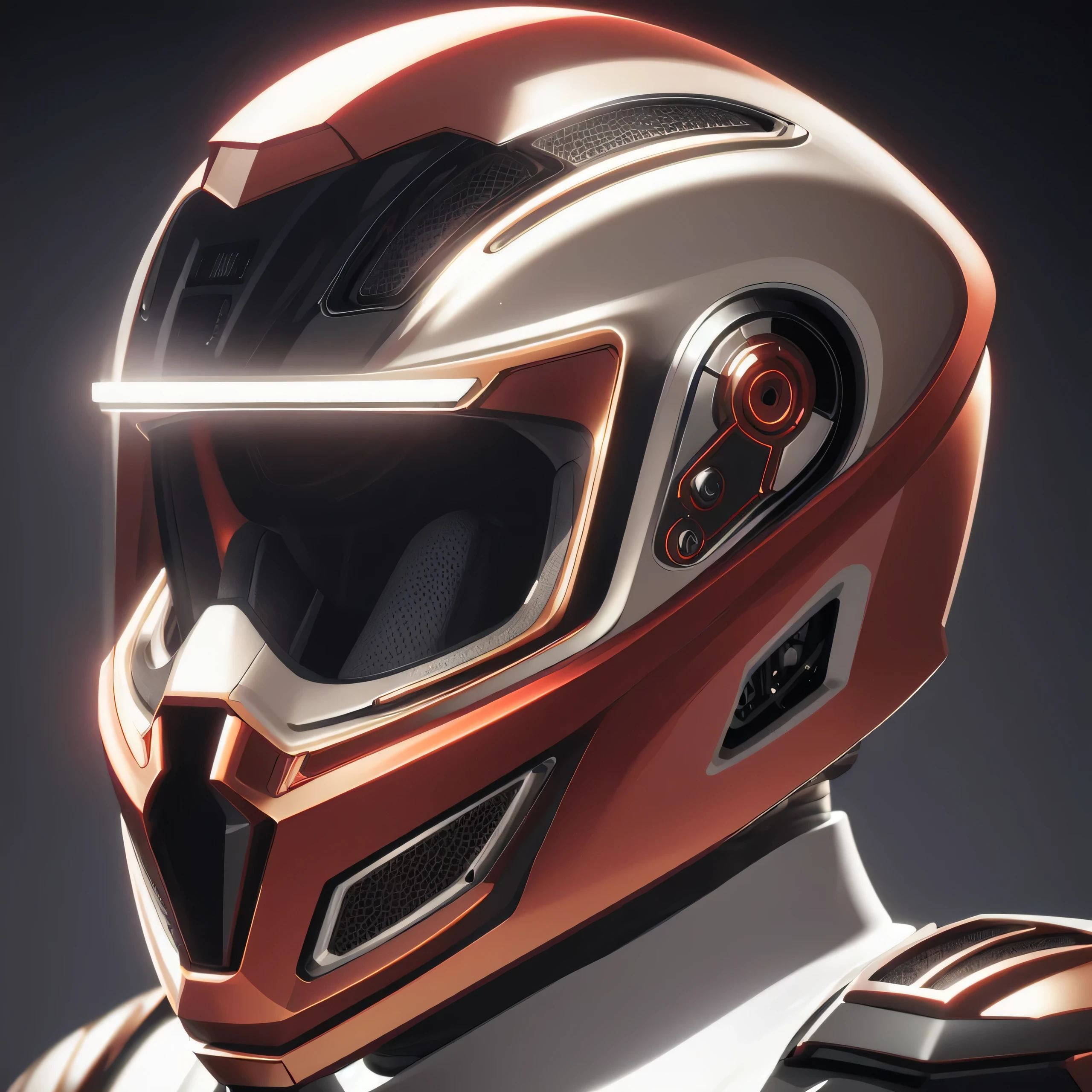 a closeup of a shine and reflective color modern helmet, Golden and Silver warm Color Red elegant luxury futuristic modern helmet, protective mechanical headgear, stilized hard hat, Intricate and unique Design, Very Detailed, Fine Details, Extremely Sharp Lines, Cinematic Lighting, Realistic Photos, 3D render, A Detailed Masterpiece, creative color palette. four variations