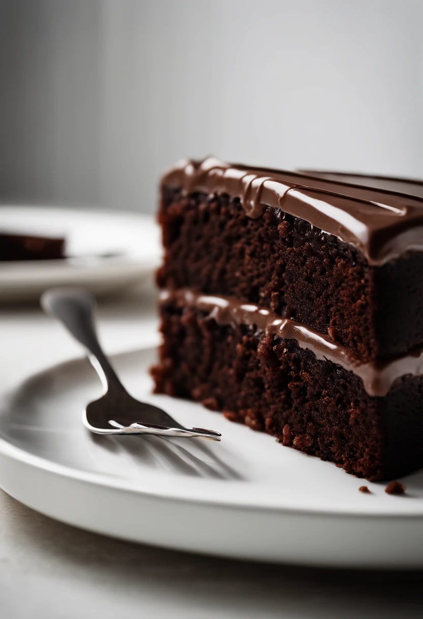 a minimalistic shot of a single slice of chocolate cake against a clean, white backdrop, allowing the rich color and texture of the cake to be the focal point